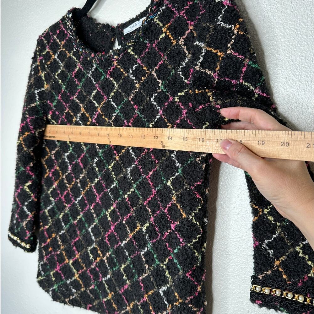 Zara Black Multicolor Boucle Knit Sweater with Pearl Detail on Sleeves Top S - Picture 7 of 14